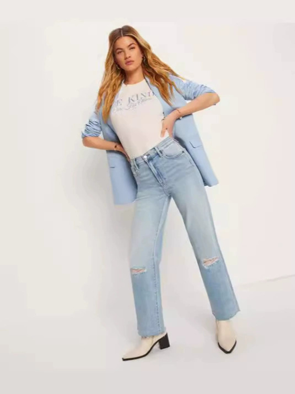 Womens Fashion Casual Loose Straight Light Wash Distressed Denim Cropped Jeans